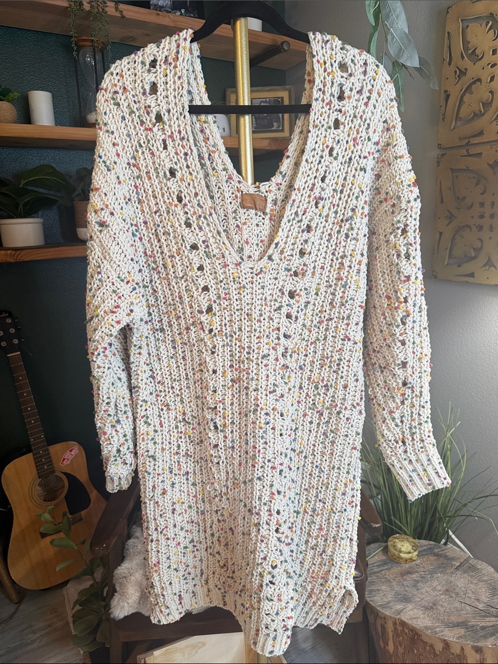 POL Ivory Multicolor Speckle V-Neck Knit Dress